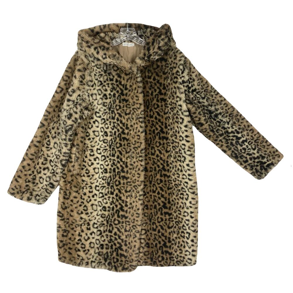SWEET GIRL Coat Jacket~M Faux-Fur Hooded Brown Animal Cheetah Sherpa Teddy Thick